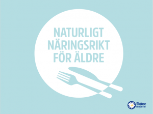 Graphically illustrated knife and fork in a light blue colour, with the text naturally nutritious for elderly above.